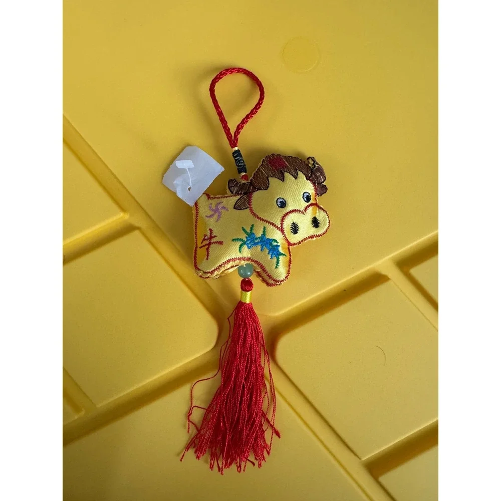 Chinese Zodiac Year of the Ox Plush Tassel Charm Yellow Red Embroidered Ornament